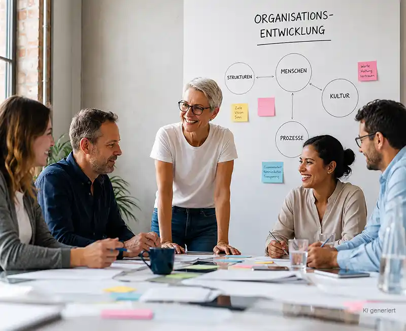 Organisationsentwicklung Fünf Mitarbeiter eines Unternehmens beim Diskutieren