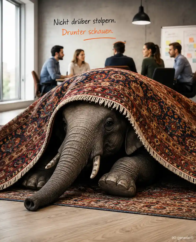 Teamentwicklung Teambesprechung, ein Elefant liegt unter dem Teppich