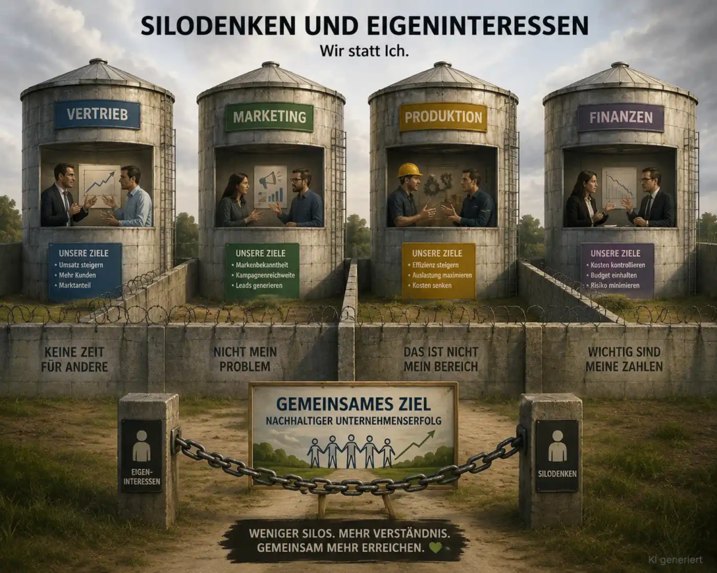 Silodenken und Eigeninteressen Vier Silos mit Personen die nur für ihre Abteilung denken. Kein gemeinsames Ziel vor den Augen (KI Bild)