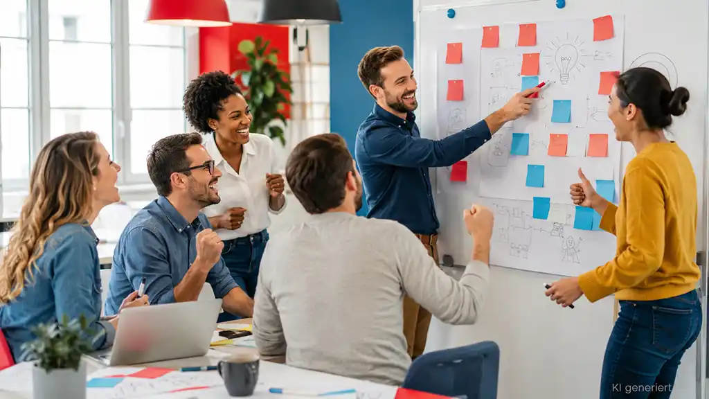 Teamentwicklung Sechs Teammitglieder eines Unternehmens beim Diskutieren